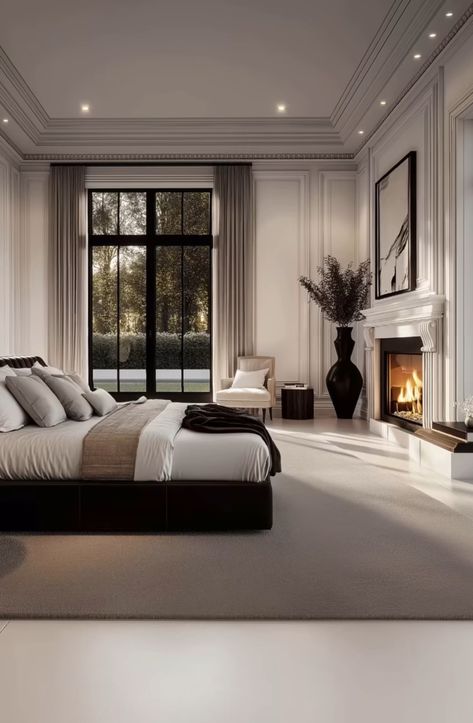 Big Master Bedrooms Luxury, Luxury Bedroom With Fireplace, Bedroom And Living Room In One Layout, Dark Home Interior Design, House Design Interior Bedrooms, Modern House Interior Bedroom, Modern Bedroom Bloxburg, Moody Master Bedrooms Decor, Classic Bedroom Design Luxury