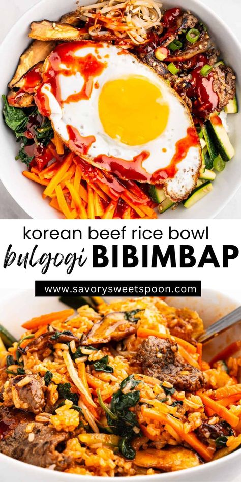 Bulgogi Bibimbap is one of my favorite Korean dishes! It’s packed with tender marinated beef, colorful veggies, and fluffy rice, all topped with a perfectly fried egg and a drizzle of gochujang sauce. It’s not just a meal; it’s an experience that combines flavors, textures, and colors, making it a perfect choice for a cozy dinner or when you want to impress your guests with a delicious and wholesome bibimbap! Crispy Rice Bibimbap, Korean Beef Bowl Gochujang, Korean Bimbap Bowls Recipe, Bim Bap Bowl, Korean Bimbap Bowls, Bimbimbop Bowl, Bulgogi Rice Bowl, Chicken Bibimbap, Bulgogi Bibimbap