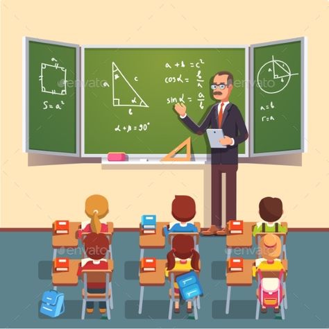 Mid age teacher man in glasses giving a trigonometry lecture on a chalkboard to a class of kids sitting at the school desks. Flat Teacher Man, Chemistry Posters, Math Pictures, Classroom Background, Classroom Clipart, Male Teacher, Different Races, Flashcards For Kids, School Desks