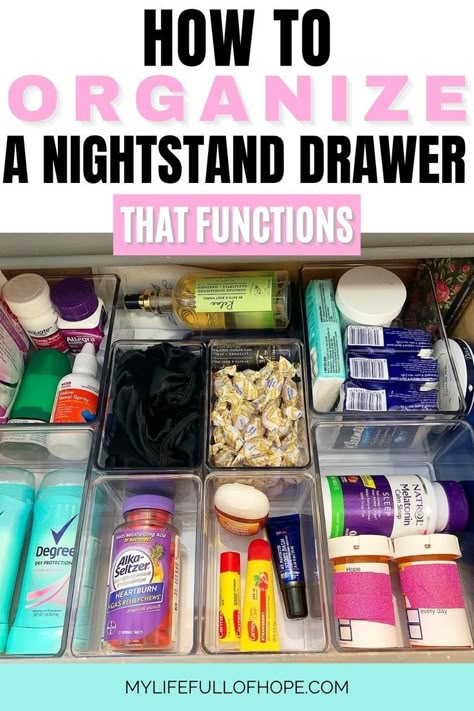 HOW TO ORGANIZE A NIGHTSTAND DRAWER - THAT FUNCTIONS AND WORKS - Sharing how to create function and order nightstand organization ideas that will work for you and your family members. Giving each item its space and clearing out the clutter gives you the aesthetic that you may need in your bedroom or nursery. Whether it is for you, the baby, children, or the men in your home. Get creative and create what functions for you. 
#nightstandorganization #nightstandidea #nightstandideasbedsidetables Organize Bedroom Drawers, Organize Nightstand Top, How To Organize Nightstand Drawer, Organizing Bedside Table, Night Stand Organization Bedside Tables, What To Keep In Nightstand, What To Keep In Nightstand Drawers, Organize Drawers Bedroom, Nightstand Organization Drawer