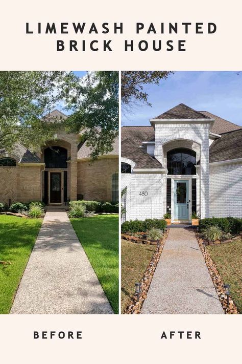 There are few things more satisfying than a before and after of a painted brick house. This is why you should use limewash paint on porous brick exteriors for an eco-friendly, luxury finish... #sugarandcloth #paintedbrickhouse #limewash #exterior #homeexterior #paintexterior #brickhouse #frontporch #frontyard Limewash Tan Brick Exterior, Limewash Brick Exterior Before And After, Limewashing Brick, Limewash Exterior, Painted White Brick House, Limewash Brick Exterior, Hamptons Exterior, Limewash Brick, House Exterior Before And After