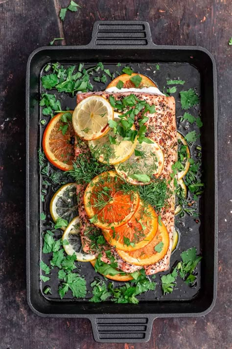 Citrus Roasted Salmon, Citrus Salmon Recipes, Citrus Baked Salmon, Roast Salmon Oven, Citrus Salmon, Mediterranean Salmon Recipes Oven Baked, Slow Roasted Salmon, Salmon Oven, Salmon Oven Baked