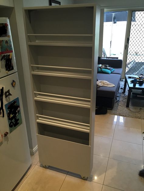 one of the best #storage solutions I've seen in years! #kitchen #organization Pantry On Side Of Fridge, Pantry Storage Solutions, Side Of Fridge, Pantry Diy, Rolling Pantry, Kitchen Furniture Storage, Fridge Storage, Refrigerator Storage, Fridge Organization