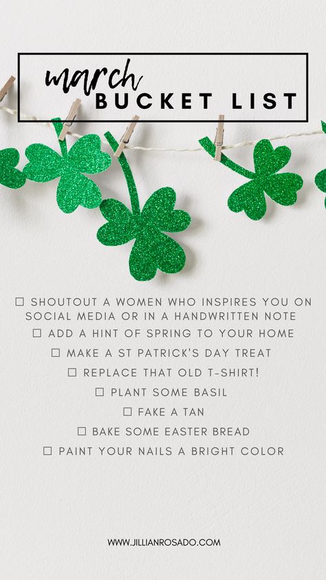 March Bucket List, Monthly Prompts, 2024 Activities, St Patrick's Day Treats, Monthly List, Silly Holidays, March Ideas, March Pisces, Monthly Tasks