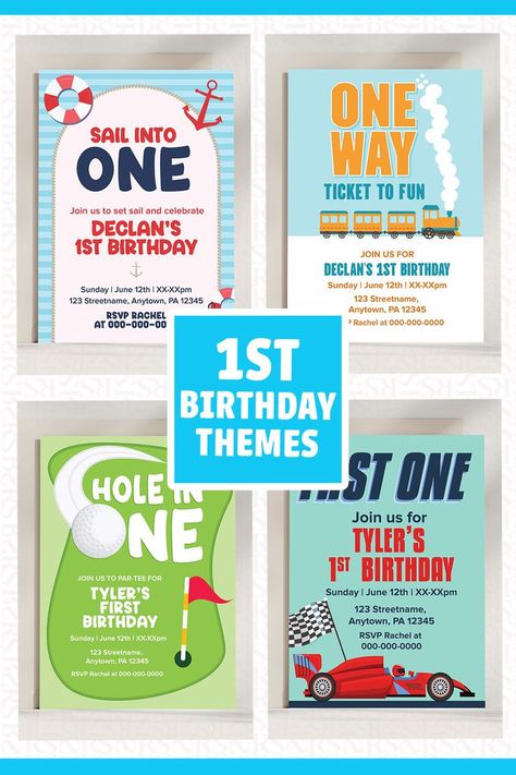 cute first birthday party invite themes for little boy's birthday | One Tough Cookie | Groovy One | Fun to Bee One | Isn't She Onederful Train First Birthday, Birthday Invite Ideas, One Tough Cookie, Birthday Party Theme Ideas, Cute Birthday Party, 1st Birthday Invite, Cookies Theme, One Way Ticket, First Birthday Boy