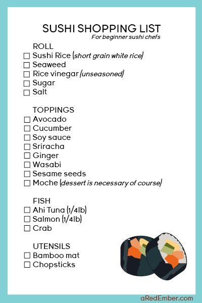 Planning on making sushi at home? Here is a shopping list of everything you will need for a couple delicious rolls. ~minus the fish for veggie sushi Making Sushi At Home, Diy Sushi Rolls, Sushi Bazooka Recipes, Sushi Making, Fried Sushi Rolls, Sushi Ideas, Sushi Recipes For Beginners, Cooked Sushi Rolls, Sushi Making Party