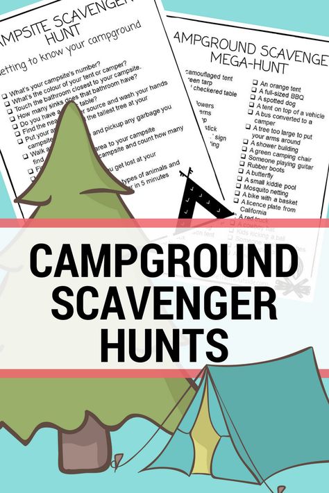 Try a printable campground scavenger hunt for your next family camp out. These lists will surely provide hours of summer fun for kids and families! | outdoor activity ideas | #printables #campingwithkids #scavengerhunt #outdooractivities #takethemoutside Campground Crafts, Scavenger Hunt Camping, Camping Scavenger Hunt For Kids, Campground Scavenger Hunt For Kids, Hiking Scavenger Hunt For Kids, Free Printable Camping Games, Free Printable Outdoor Scavenger Hunt, Nature Hike Scavenger Hunt, Camping Scavenger Hunts