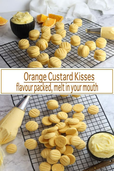 Custard Kisses Biscuits, Custard Powder Cookies, English Biscuit Recipe, Yoyo Biscuits, Kiss Biscuits, Farm Treats, Custard Buttercream, Custard Biscuits, Orange Custard