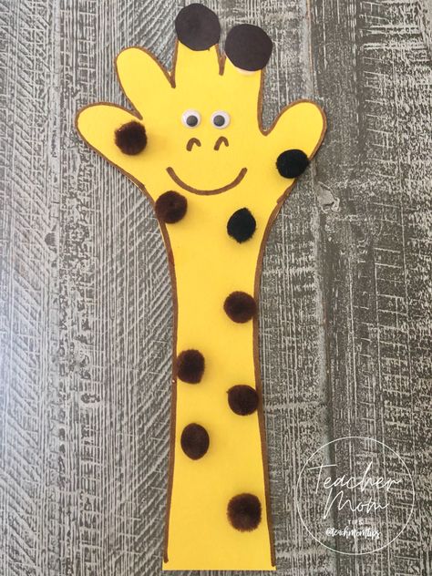 Construction paper, glue, pom-poms, wiggly eyes Handprint Giraffe, Giraffe Crafts, Diy Paper Art, Diy Girls Bedroom, Kid Craft, Craft Tutorial, Origami Art, Construction Paper, Easy Fall