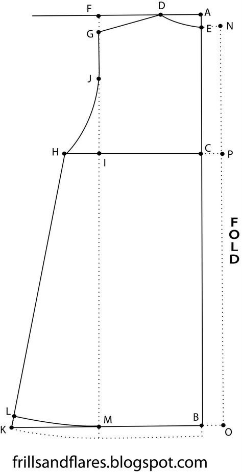 Front:       A-B = full length + 1/4 inch  A-C = 1/4 chest + 1/2 inch  Square lines from points A, B, and C.  A-F = shoulder + 1/4 inch  C-H... Simple Dress Pattern, Dress Patterns Diy, Dress Patterns Free, Pattern Drafting, Line Dress, Dress Sewing Patterns, Sewing For Kids, Sewing Patterns Free, Baby Sewing