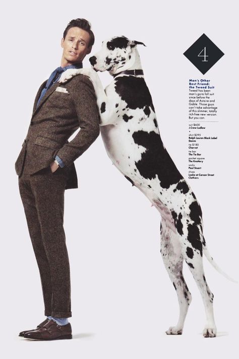 Dulce Danes - GQ Magazine July 2013In May 2013, Spumoni had a photo shoot with Academy Award winning actor Eddie Redmayne for GQ magazine.  Below is the photo from the American GQ magazine, the cover of GQ Korea, and a candid of Eddie and Spumoni. Eddie Redmayne Model, Fall Suit, Living In London, Eddie Redmayne, Gq Men, Gq Magazine, Man And Dog, Mens Fashion Fall, Mens Fall