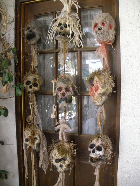 Inspiration.....these are Voodoo sticks made from great stuff :skulls, bamboo sticks from Dollar Store, paint, dyed cheesecloth, real bones, ... Dyed Cheesecloth, Voodoo Halloween, Halloween School Treats, Baba Jaga, Hula Skirt, Fairy Halloween Costumes, Casa Halloween, Real Bones, Fake Hair