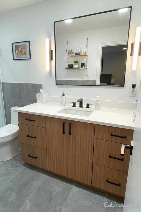 Modern Bathroom with Euro Wood Grain Slab Cabinetry - Cabinets.com Calypso Bathroom, Slab Cabinet Doors, Slab Cabinets, Frameless Cabinets, Cool Color Palette, Cabinet Styles, Cabinet Pulls, Bathroom Hardware, Wall Cabinet