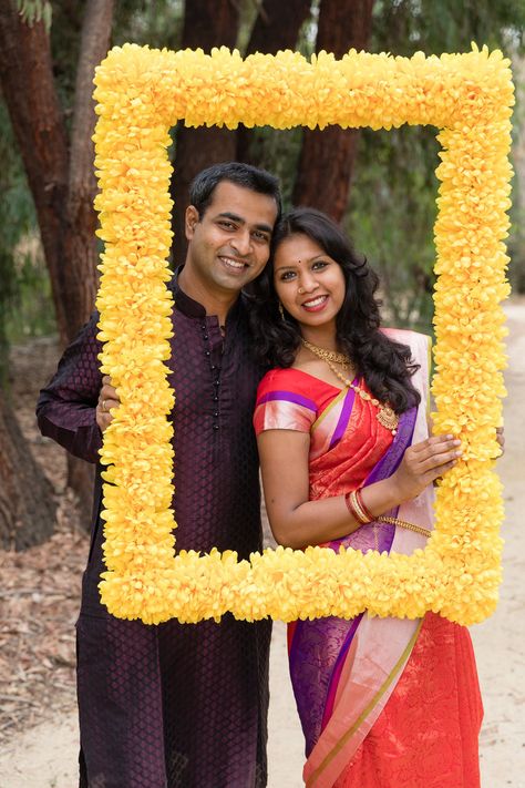 Home-made flowered frame for photo session prop: Frame from Big Lots and Flowers from Hobby Lobby Haldi Photo Frame Ideas, Sankranti Photo Booth, Sangeet Props, Haldi Background, Diwali Board, Big Photo Frames, Photo Booth Frame Prop, Frame For Photo, Photo Frame Wedding