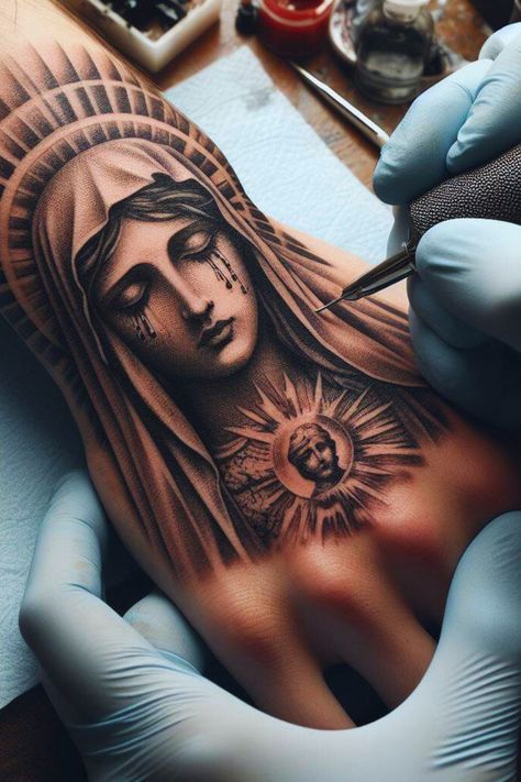 If you're looking for some inspiration for your next tattoo, or just want to see some of the most creative and well-done pieces out there, the subreddits r/tattoo and r/tattoos are the perfect places to start. Virgin Mary Tattoo On Hand, Angels And Demons Tattoo Sleeve, Mother Mary Tattoos For Men, Mother Theresa Tattoo, Virgin Mary Skull Tattoo, Statue Tattoo Design Greek, Virgin Mary Hand Tattoos For Guys, Blessed Virgin Mary Tattoo, Virgin Mary Portrait Tattoo