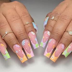 MISUD Press on Nails Long Square Fake Nails Glossy Glue on Nails Rainbow French Tip Acrylic Nails Squoval Artificial Nails Cute Colorful Flower Stick on False Nails with Design 24 pcs  #summernails #nails #nailinspo #pressonnails #pressons #nailart #summervibes #diynails #nailinspiration #naildesigns #nailaddict Buchona Nails, Short Pretty Nails, Ballerina Acrylic Nails, Coffin Nail Art, Fye Nails, Sea Nails, Nails Press Ons, French Tip Press On Nails, French Manicure Designs