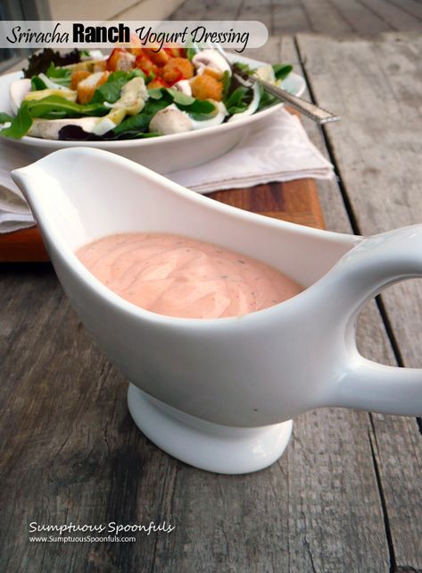 Sriracha Ranch Yogurt Dressing ~ Sumptuous Spoonfuls #light #healthy #spicy #creamy #salad #dressing #dip Sriracha Ranch, Yogurt Ranch Dressing, Creamy Salad, Easy Salad Dressing Recipes, Creamy Salad Dressing, Vegetarian Italian, Yogurt Bites, Taco Salads, Ranch Salad Dressing