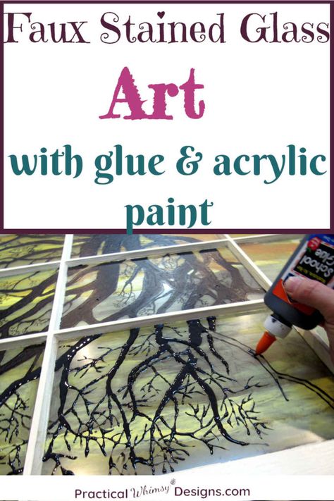 Stained Glass With Paint, How To Use Gallery Glass Paint, Diy Stainglass Windows, How To Make Glass Paint, Stained Glass At Home, Faux Stain Glass Diy With Glue, Plexiglass Stained Glass Diy, Diy Window Glass Art, Crystallizing Objects