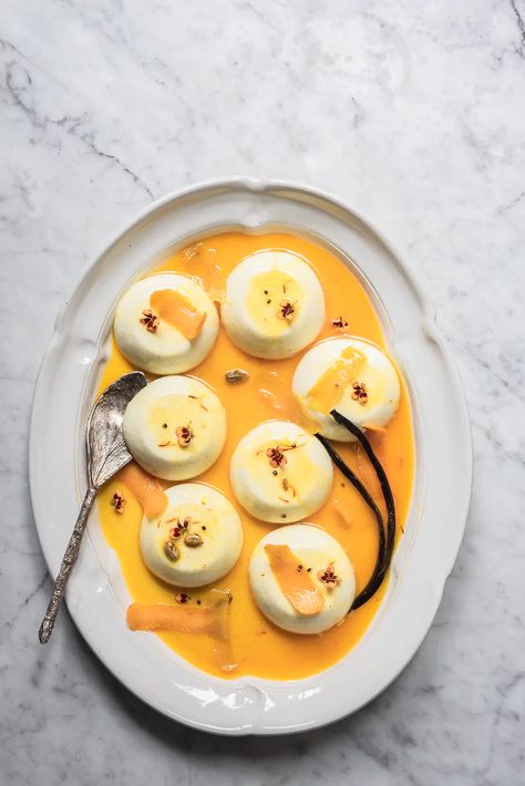 Lemon Cheesecake Pannacottas with Saffron Orange Sauce | Bibby's Pannacotta Recipes, Cheesecakes Ideas, Best Lemon Drizzle Cake, Saffron Orange, Orange Sauce, Lemon Cheesecake, Grocery List, Food Waste, Healthy Desserts