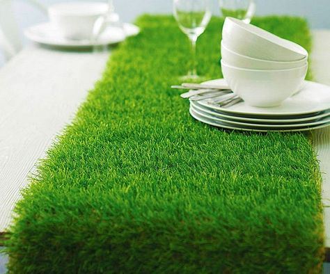 Add some flair to your dining room by bringing the outside in using this faux grass table runner. This artificial turf runner sports a vibrant green hue great for providing a rustic touch to your home and is available in three different sizes. Wimbledon Party, Tennis Birthday, Faux Grass, Fake Grass, Cafe Ideas, Grass Wedding, Table Runners Wedding, Derby Party, Artificial Turf