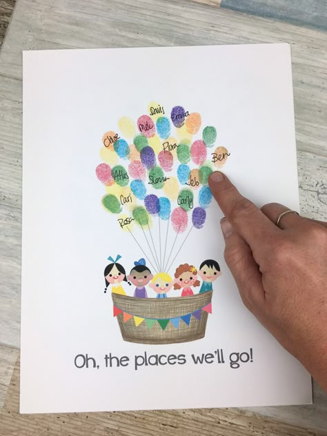 Thank You Gifts From Students, Fingerprint Balloon Card, Hot Air Balloon Fingerprint Art, Teacher Appreciation Fingerprint Art, Class Craft For Teacher Gift, Handmade Teacher Gifts End Of Year, Good Bye Teacher Card From Kids, Fingerprint Art For Teacher, Fingerprint Gift Ideas