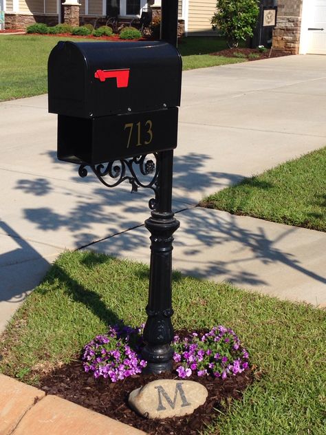 Mailbox landscape with monogram on a rock Landscaping By Mail Boxes, Rocks Around Mailbox Curb Appeal, Simple Mailbox Landscaping, Mail Box Landscaping, Mailbox Landscaping Curb Appeal, Mailbox Update, Mailbox Landscape, Mailbox Planter, Mailbox Flowers