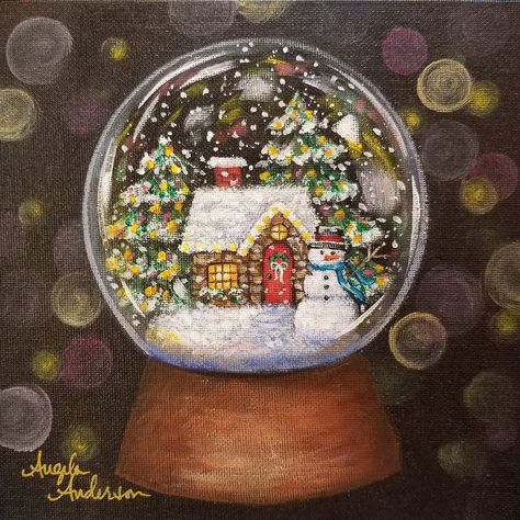 Snow Globe Acrylic Painting Tutorial FREE on YouTube by Angela Anderson #Christmas #snowman #snowglobe #acrylicpainting Snow Globe Acrylic Painting, Snowglobe Painting Canvas, Christmas Painting Diy Canvases, Acrylic Snow Painting, Michaels Canvas, Snowglobe Painting, Winter Painting Acrylic, Snowglobe Drawing, Festive Watercolour