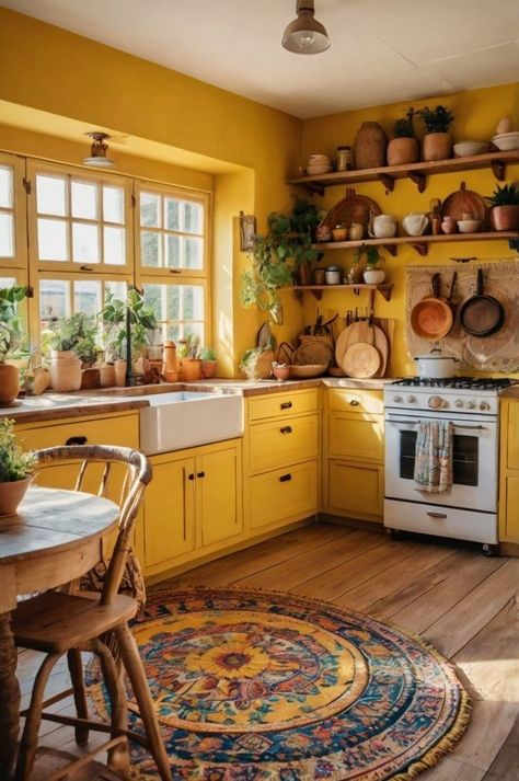 Moroccan Kitchen Design, Boho Kitchen Design, Yellow Kitchen Designs, Yellow Kitchen Cabinets, Boho Style Kitchen, Airy Kitchen, Kitchen Yellow, Kitchen Mood Board, Bohemian Kitchen