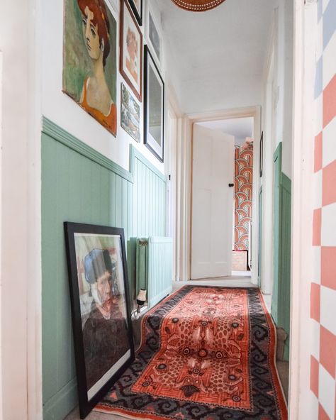 Ad - HALLWAY IN STILLS - I can’t believe I’ve not put any images up of this space yet. Transforming my small hallway into a cosy, inviting space has been all about clever design choices! 🪴✨ I added panelling to bring in some character and colour, painted a feature around the window for that unique touch and layered in gorgeous rugs from @ruggable for warmth and style. Both rugs were designed by Justina Blakeney and they are a work of art in themselves. The finishing touches are paintings and ... Whimsical Hallway, Art Placement, Hallway Art, Justina Blakeney, Small Hallway, Small Hallways, Second Story, Clever Design, The Window