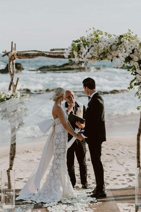 Wedding of the Day: A Black-Tie Beach Party Beach Wedding Groom Black Suit, Beach Wedding Groom Attire Black, Beach Black Wedding, All Black Beach Wedding, Black Tux Beach Wedding, Black Suit Beach Wedding, Beach Wedding Black And White, Tux Beach Wedding, Groom Beach Wedding Attire