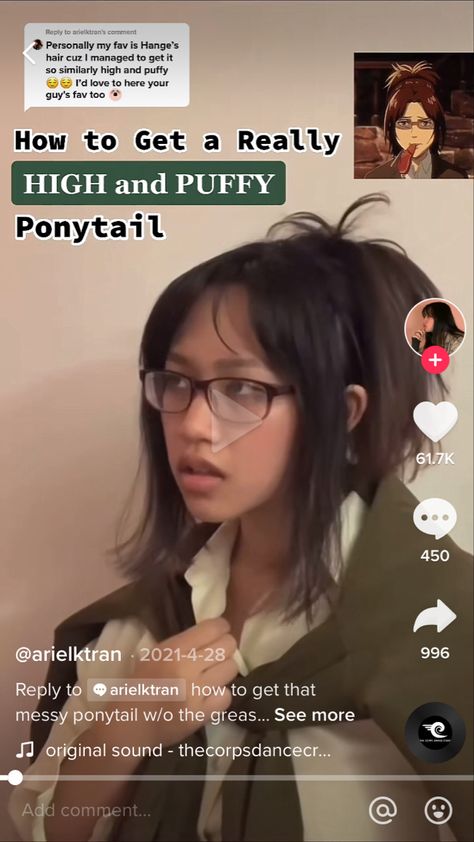 Hange Zoe Hair Down, Half Up Half Down Anime Hair, Anime Half Ponytail, Hange Zoe Hairstyle Tutorial, Hange Zoe Hairstyle, Puffy Ponytail Hairstyles, Anime Hairstyles Tutorial, Halfway Up Hairstyles, Puffy Ponytail