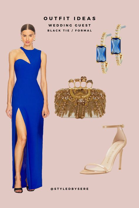 Bring on the feel of royalty at your black tie / formal weddings this summer in a royal blue, sliced gown. Nude heels keeps the attention on the vibrant dress. Add antique gold jewelry for a regal vibe. Wedding guest dress, you're ready! Royal Blue Wedding Dress Guest, Cobalt Blue Dress Outfit Wedding, Royal Blue Wedding Guest Dress, Cobalt Blue Dress Outfit, Royal Blue Dress Outfit, Cobalt Blue Outfit, Oct Wedding, Wedding Guest Black Tie, Royal Blue Evening Gown