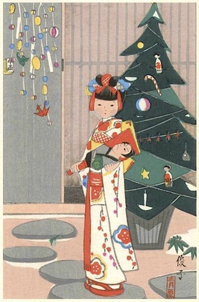 Japanese Christmas cards, 1950s Asian Christmas, Japanese Christmas Cards, Christmas Japan, Japanese Christmas, Japan Christmas, Vintage Holiday Cards, Japan Illustration, Grandmas Christmas, Christmas Pops