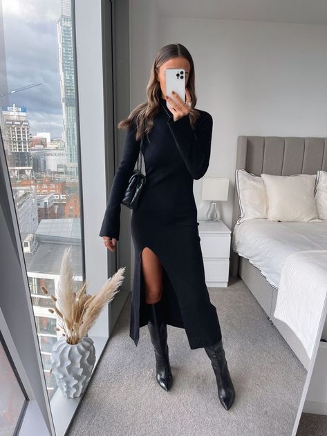 Long Black Dress Outfit, Knitted Dress Outfit, Black Dress Winter, Knit Skirt Outfit, Long Knitted Dress, Winter Dress Outfits, Fall Dress Outfit, Black Dress Outfits, Black Knit Dress