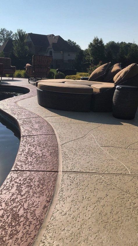 Sundek Pool Decks, Stained Concrete Around Pool Ideas, Stamped Concrete Pool Coping, Kool Decking Around Pool, Concrete Decking Around Pool, Pool Deck Design Ideas, Pool Surface Ideas, Pool Deck Flooring Ideas, Pool Deck Paint Ideas Concrete