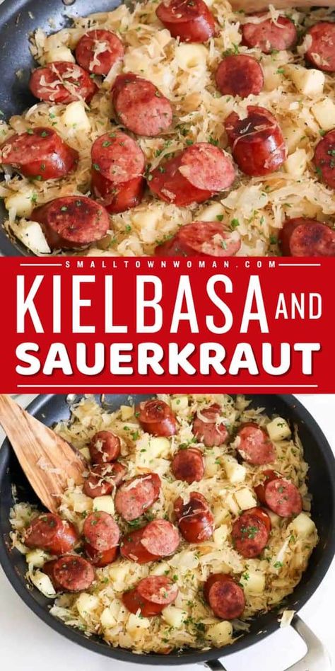 A busy weeknight dinner that comes together in just one pan! In less than 30 minutes from start to finish, you can whip up this sauerkraut and sausage that's delicious and satisfying. Save this kielbasa and sauerkraut recipe and try this quick and easy meal for tonight! Saurkraut And Kielbasa, Smoked Sausage And Sauerkraut Recipe, Polish Sausage And Sauerkraut, Sausage Casseroles, Canning Cabbage, Kielbasa And Sauerkraut, Kielbasa Cabbage, Sausage And Sauerkraut, Whole Lotta Yum