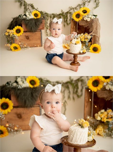 Sunflower Cake Smash First Birthdays, Sunflower First Birthday Photoshoot, Wild One Sunflower Birthday, One Year Old Sunflower Photoshoot, Sunflower 1st Birthday Photoshoot, Sunflower Smash Cake 1st Birthdays, Fall Cake Smash Girl, First Birthday Sunflower Theme, Baby Sunflower Photoshoot