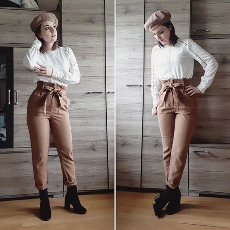 Paperbag Pants Outfit Winter, Paperbag Trousers Outfit, Stylish Workwear, Paperbag Hose, Winter Pants Outfit, Trouser Outfit, Tie Waist Pants, Paperbag Pants, Velvet Boots