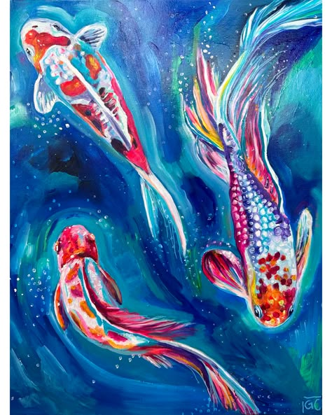 Blue painting of three koi fish that are rainbow colored. swimming in an ethereal water scene Colourful Fish Painting, Rainbow Koi Fish, Water Animals Art, Marine Life Painting, Abstract Fish Art, Abstract Fish Painting, Colorful Koi Fish, Underwater Drawing, Koi Fish Swimming