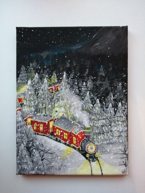 Polar Express Painting, Christmas Train Drawing, Train Painting Easy, Train Painting Acrylic, Christmas Train Painting, Train Graphic, Snow Beauty, Winter Train, Winter Scene Paintings