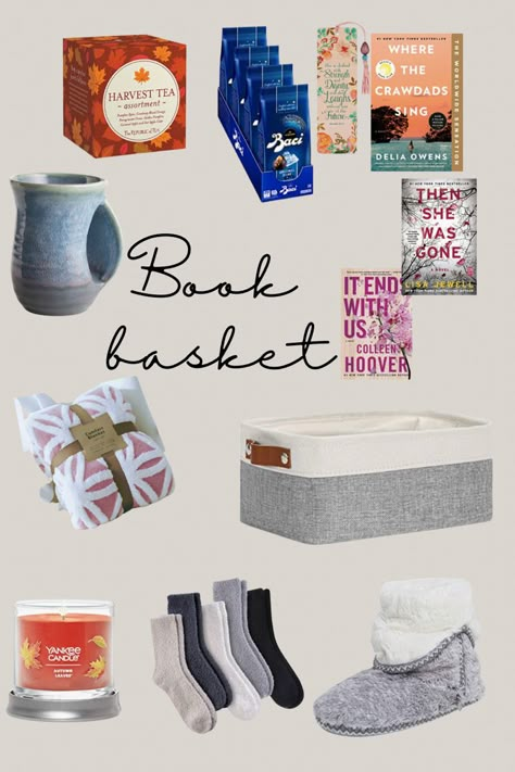 Make someone you love a book basket to show how much you care. Here are some ideas! #books #booklover #giftideas #giftforher #lovebooks Themed Book Baskets, Book Lovers Basket Gift Ideas, Book Raffle Basket, Book Lover Gift Basket Ideas, Christmas Book Basket, Vegan Gift Basket Ideas, Book Basket Exchange, Book Basket Gift Ideas, Journal Gift Basket