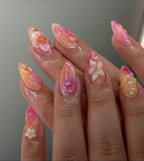 Leah Love Island Nails, Jelly Flower Nails, Sculpted Flower Nails, Nail Inspo Summer 2024, Pink Flower Nails, Beachy Nails, Tropical Nails, Girly Acrylic, Girly Acrylic Nails