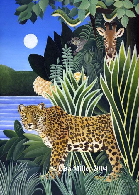 'African Jungle' in the style of Henry Rousseau by Lisa Miller Jungle Scene Painting, African Jungle Art, Henri Rousseau Jungle, Jungle Painting Acrylic, Jungle Art Painting, Jungle Drawings, Jungle Wall Painting, Henry Rousseau, Jungle Painting