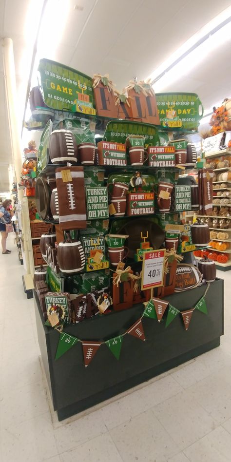 Football Display 2018 Football Display, Football Displays, Pallet Display, Turkey Football, Foot Ball, Fall Decorating, Hobby Lobby, Super Bowl, Lobby