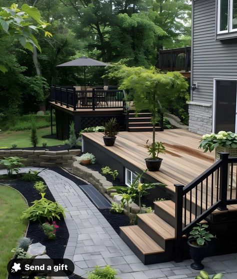 Front Yard Landscaping With Deck, Landscape Around Deck, Deck And Patio Combo Backyards, Hardscape Ideas Backyard, Deck Landscaping Ideas, Backyard Hardscape Ideas, Backyard Landscape Ideas, Backyard Deck Ideas, Landscaping Around Deck