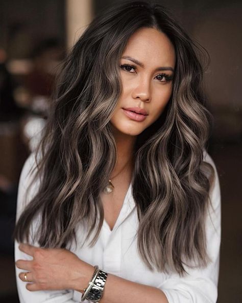 Ashy Brown Highlights for Black Hair Brown Highlights For Black Hair, Mushroom Brown Highlights, Ashy Brown Highlights, Ashy Brown Hair Balayage, Ashy Highlights, Highlights For Black Hair, Balayage On Black Hair, Black Hair With Brown Highlights, Ashy Brown Hair