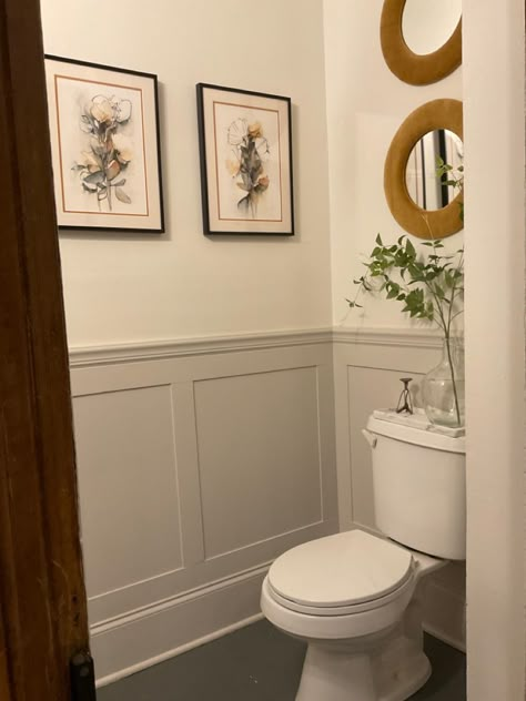 Panelling Small Toilet, Powder Bathroom Board And Batten, Half Panel Bathroom, Bathroom Half Wall Paneling Ideas, Downstairs Half Bathroom Ideas, Wainscoting Small Bathroom, Half Bath Wainscoting Ideas, Half Bath Beadboard, Shiplap Half Wall Bathroom