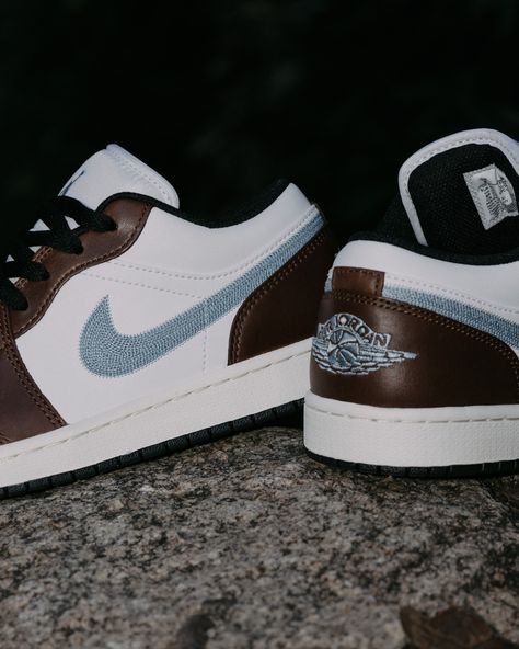 @jumpman23 dress up the Air Jordan 1 Low with dark brown leather overlays on a crispy white upper accented with embroidered Swooshes and Wings logos at the heels in sky blue 💎 Available in store & online now - laced.com.au #nike #airjordan1 #aj1 #jordan1low #aj1low #jumpman23 #jumpman #laced #lacedbrisbane Aj1 Low, Nike Air Jordan 1 Low, Wings Logo, Nike Air Jordan 1, Swoosh Logo, Air Jordan 1 Low, Jordan 1 Low, Dark Brown Leather, Air Jordan 1