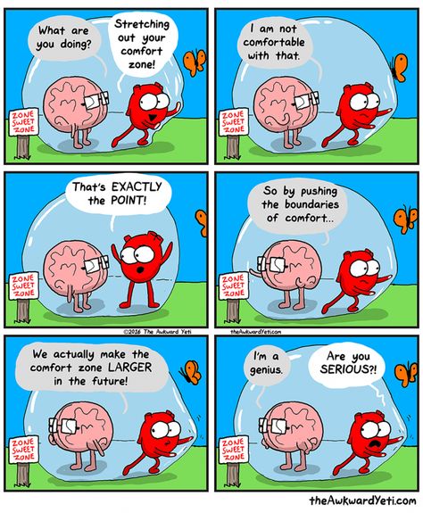 101816_stretchingthecomfortzone Akward Yeti, Heart Vs Mind, Heart And Brain Comic, Heart Vs Brain, Awkward Yeti, The Awkward Yeti, Comics Strips, Heart And Brain, The Comfort Zone