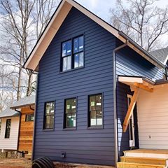 Proud gable. Hale Navy, black windows, and custom cedar siding make it pop.  Colors and design by @lizhackettinteriors  #modernfarmhouse #building #awesome #woodworking #smmakelifebeautiful #contractorsofinsta #architecture #architecturephotography #design #mod #moderndesign #love #building #asheville #houses #mountains @exteriors_of_insta Navy Blue Exterior House Colors, Navy Blue House Exterior, Navy Blue House, Blue House Exterior, Black Windows Exterior, Navy Blue Houses, Cedar Shiplap, Lake Houses Exterior, Hale Navy